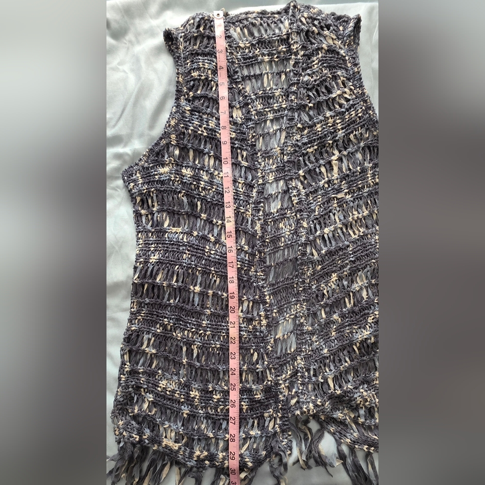 Chico's Women's Vest Duster Blue/Gray Nylon Open Front Knit Fringe Boho Size M-L - Picture 8 of 13